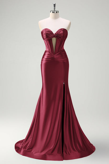Dark Green Beaded Mermaid Sweetheart Long Prom Dress with Slit