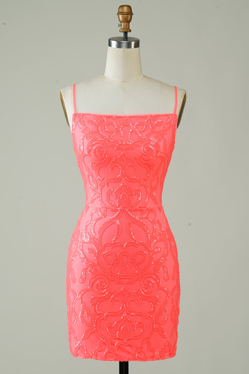 Spaghetti Straps Peach Glitter Tight Homecoming Dress