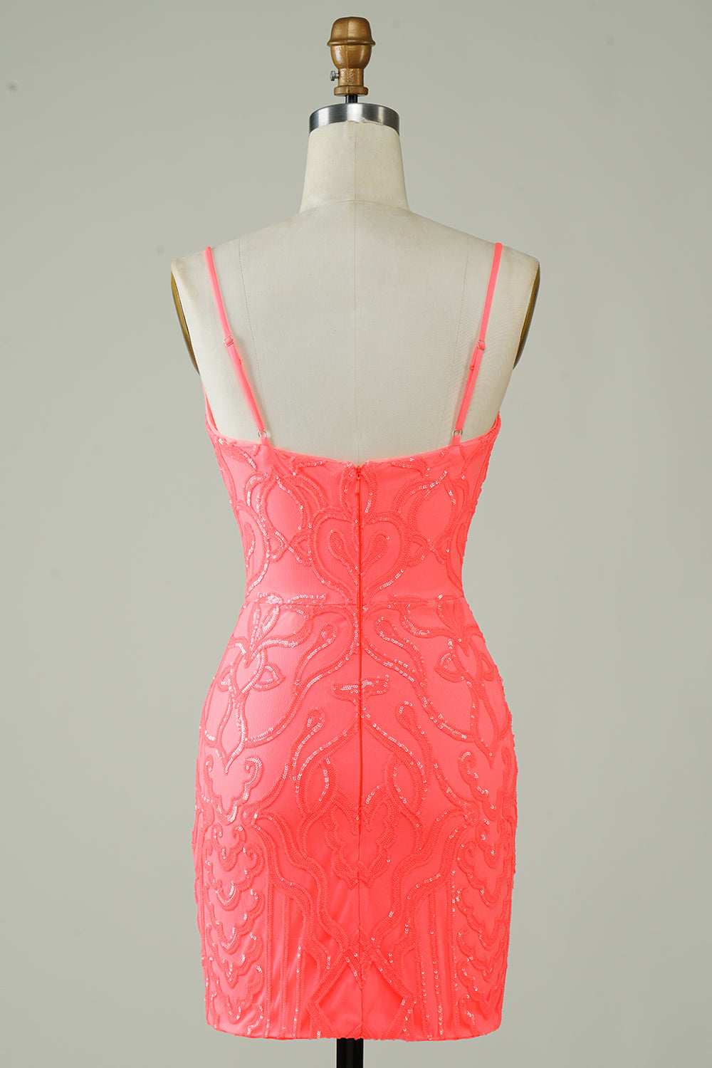 Spaghetti Straps Peach Glitter Tight Homecoming Dress