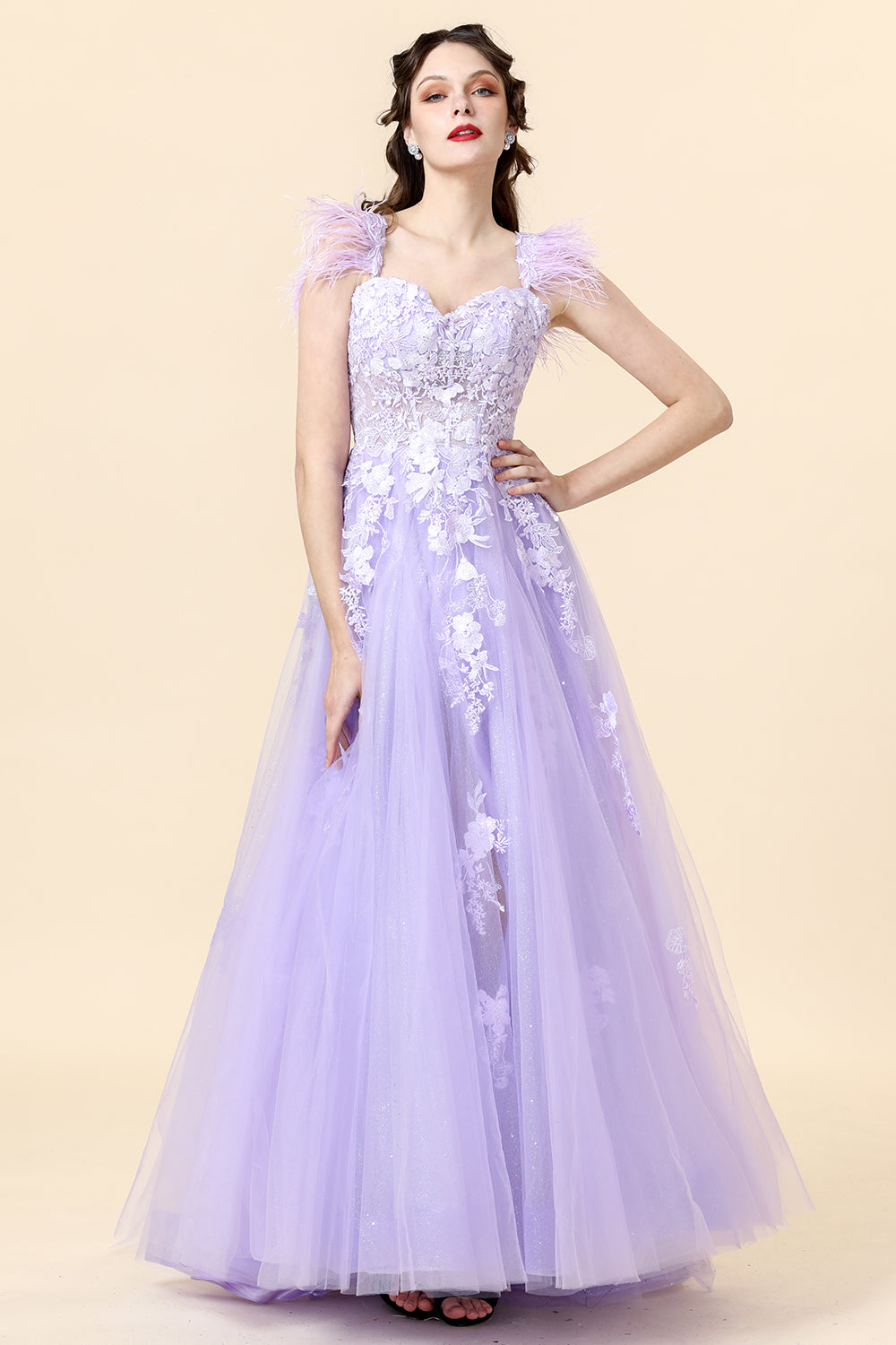 Spaghetti Straps Purple Appliques Prom Dress