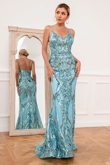 Blue Mermaid Sequin Long Prom Dress