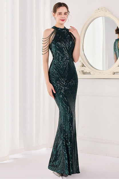 Mermaid Halter Dark Green Sequins Long Prom Dress