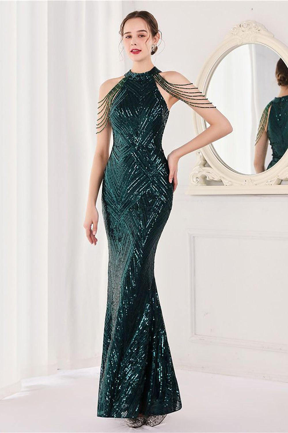 Mermaid Halter Dark Green Sequins Long Prom Dress