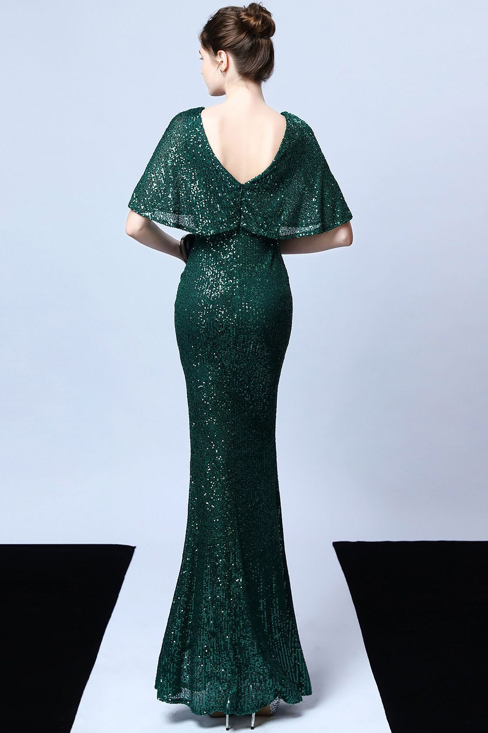 Mermaid V Neck Dark Green Sequins Long Prom Dress with Short Sleeves