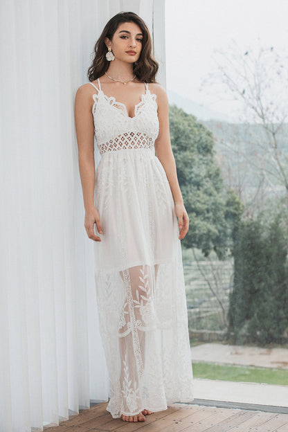 Spaghetti Straps Lace Elegant White Graduation Dress