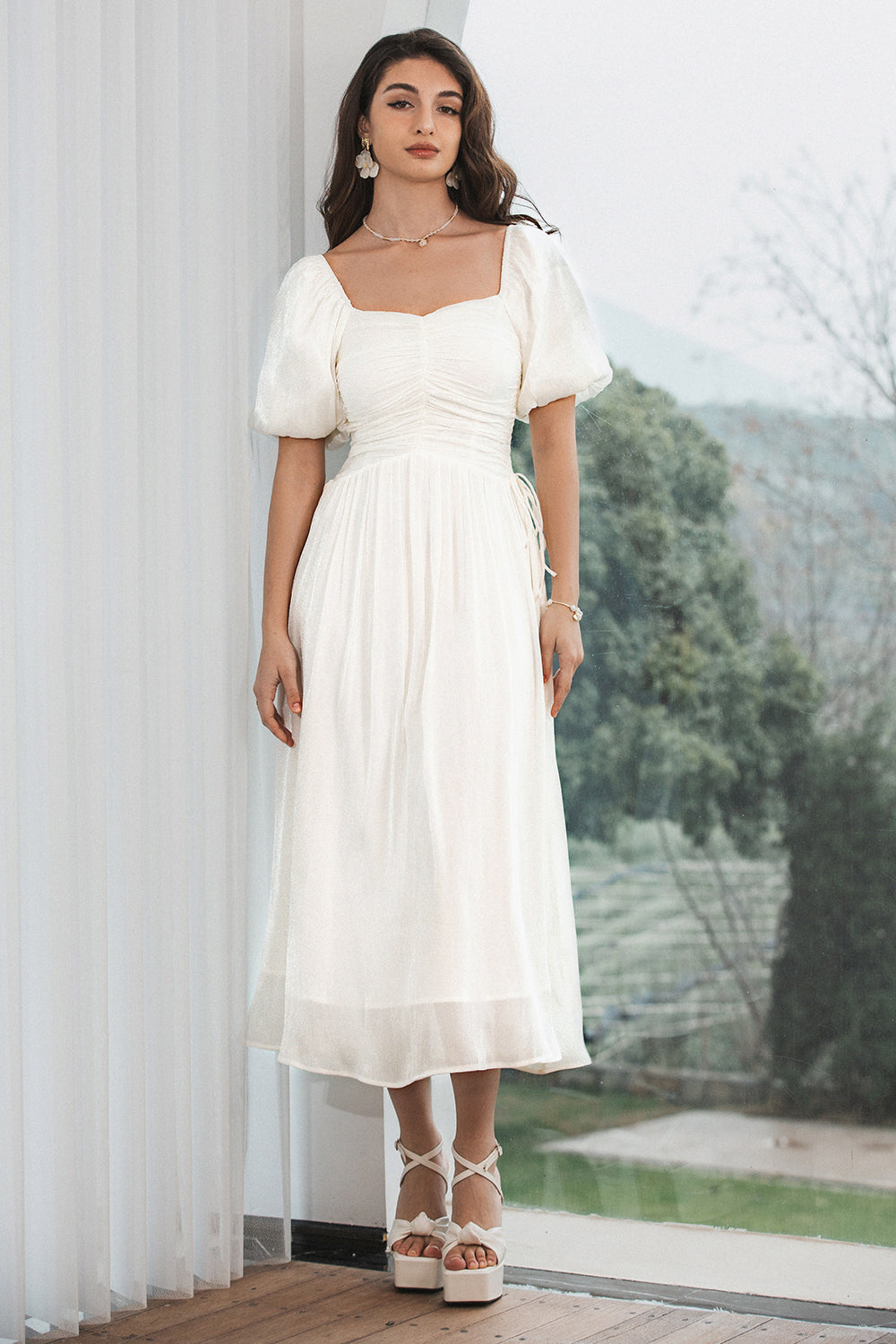 Elegant A Line Pleated White Graduation Dress with Puff Sleeves