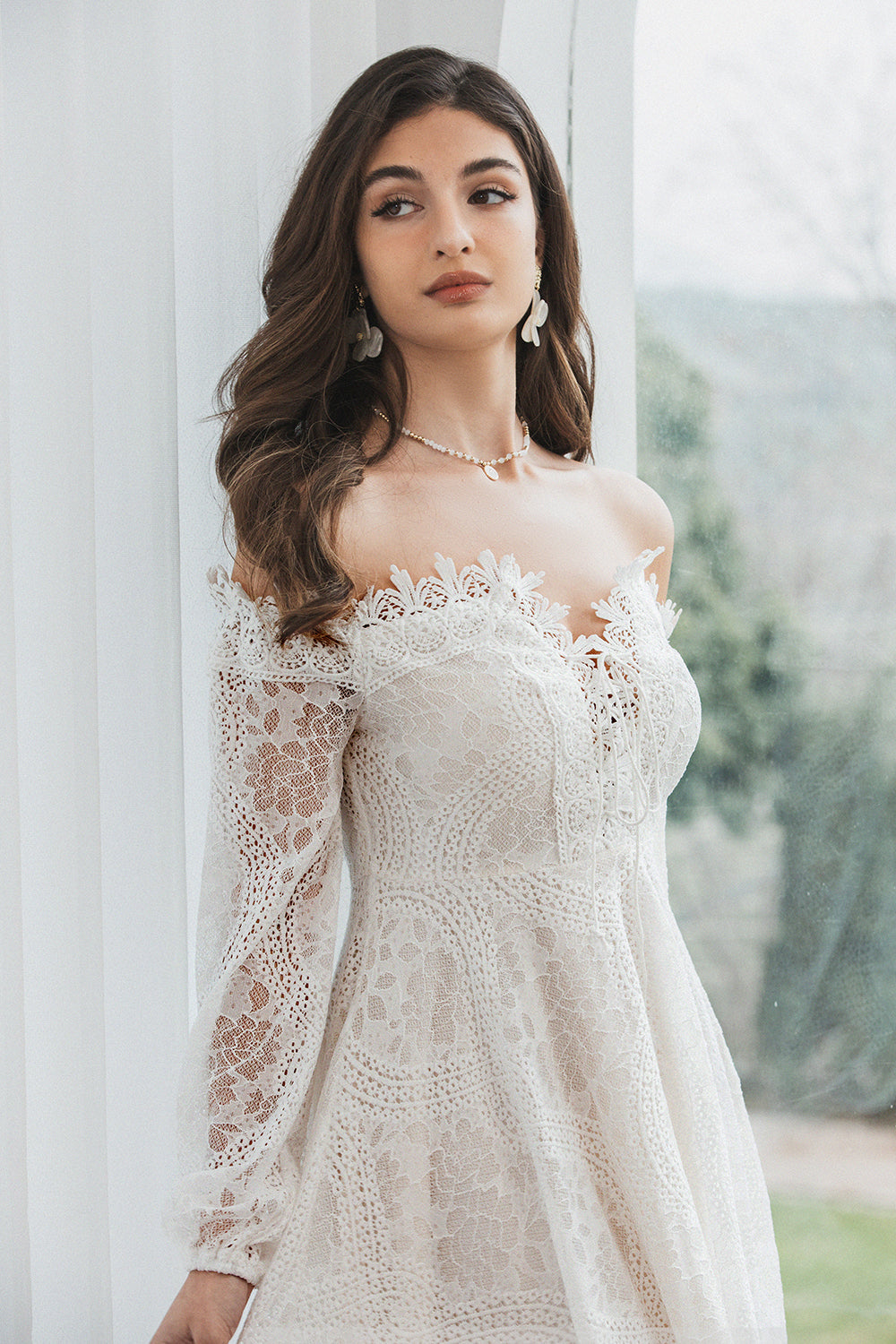 Elegant Off the Shoulder Lace White Graduation Dress with Long Sleeves