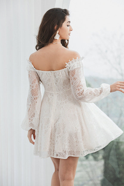 Elegant Off the Shoulder Lace White Graduation Dress with Long Sleeves