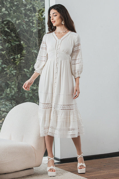 Tea-Length Lace Elegant White Graduation Dress with Long Sleeves