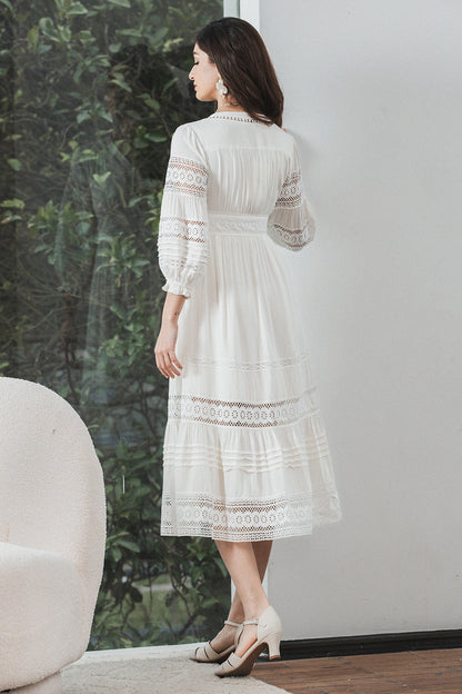 Tea-Length Lace Elegant White Graduation Dress with Long Sleeves