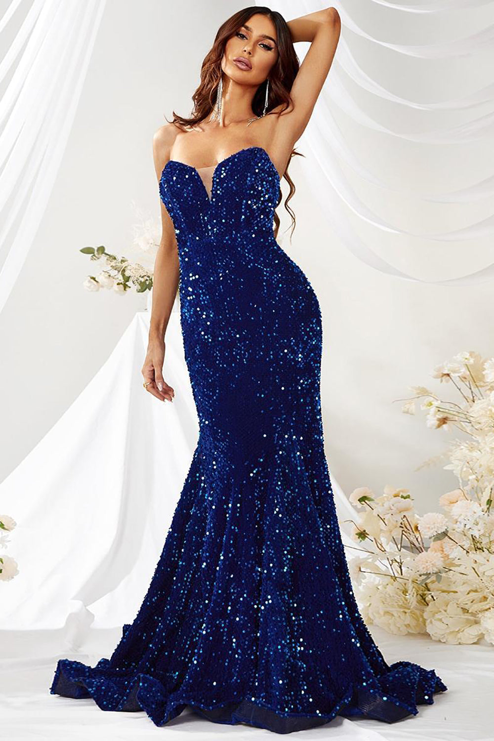 Royal Blue Strapless Sequin Mermaid Long Prom Dress