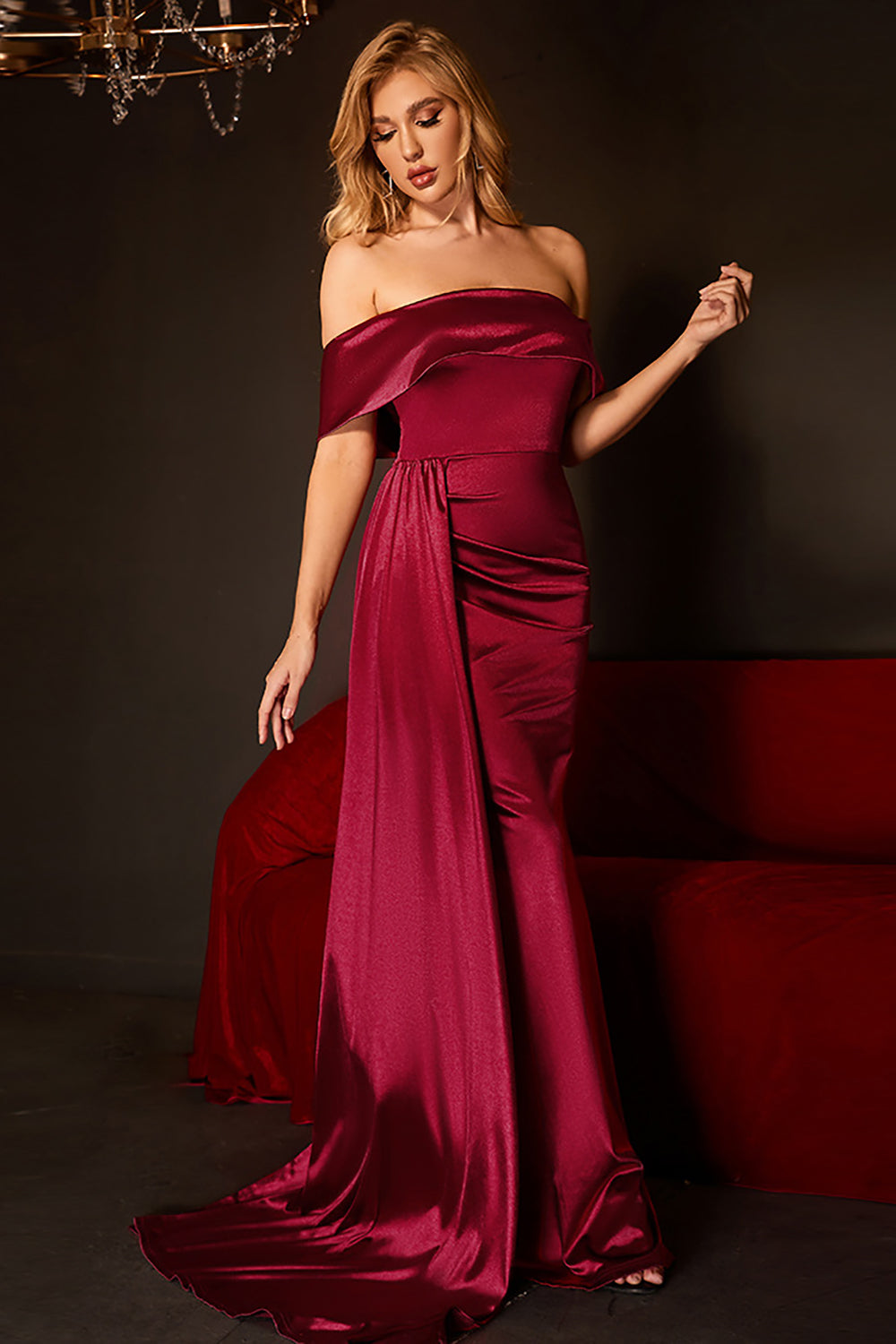 Mermaid Off The Shoulder Burgundy Prom Dress with Ruffles