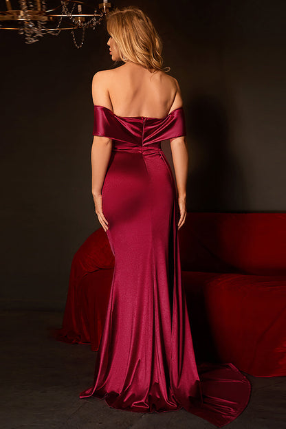 Mermaid Off The Shoulder Burgundy Prom Dress with Ruffles