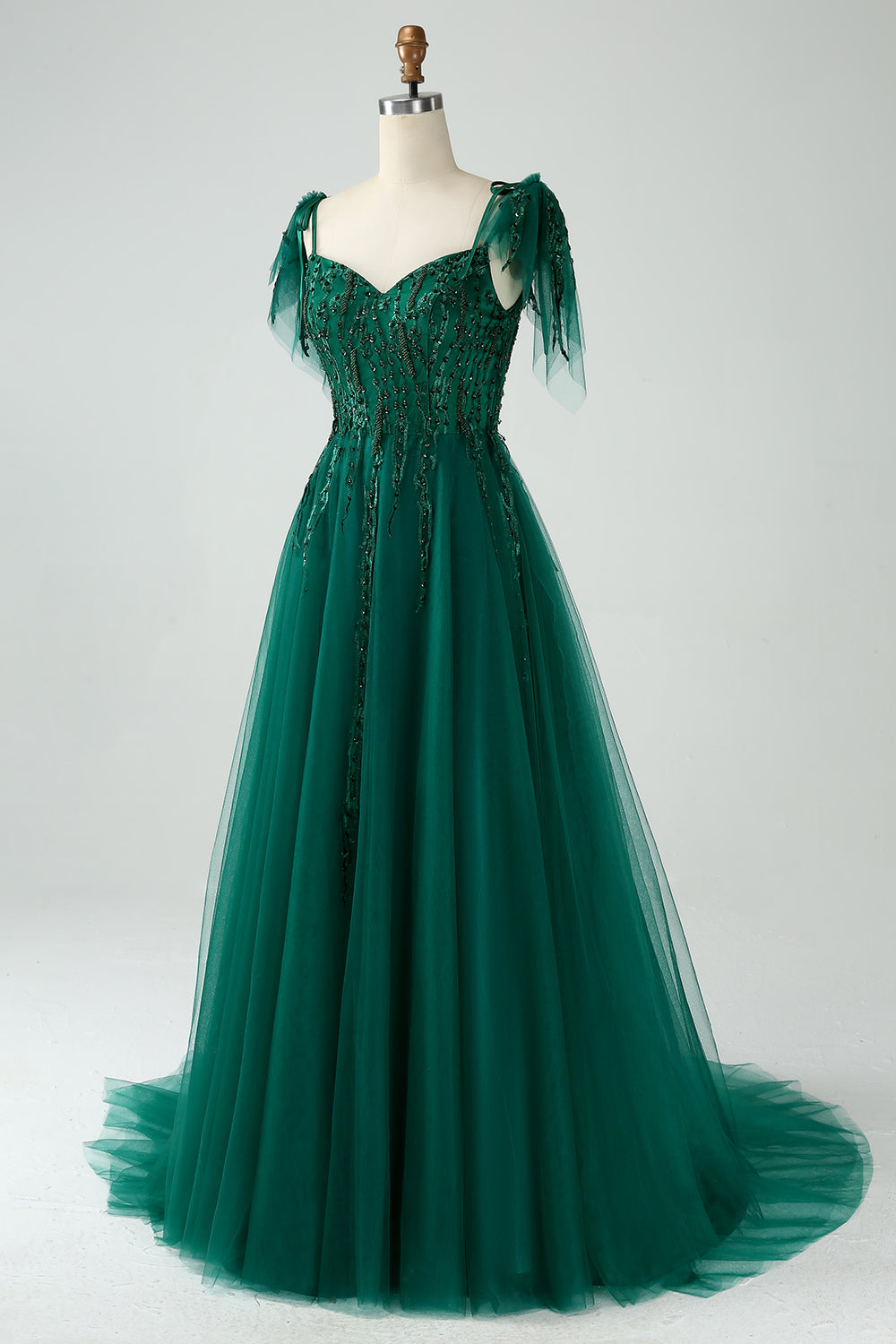 Dark Green A-Line Spaghetti Straps Tulle Long Prom Dress with Beading