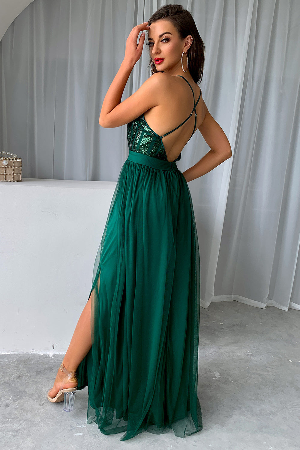 Dark Green A-Line Spaghetti Straps Long Prom Dress with Slit