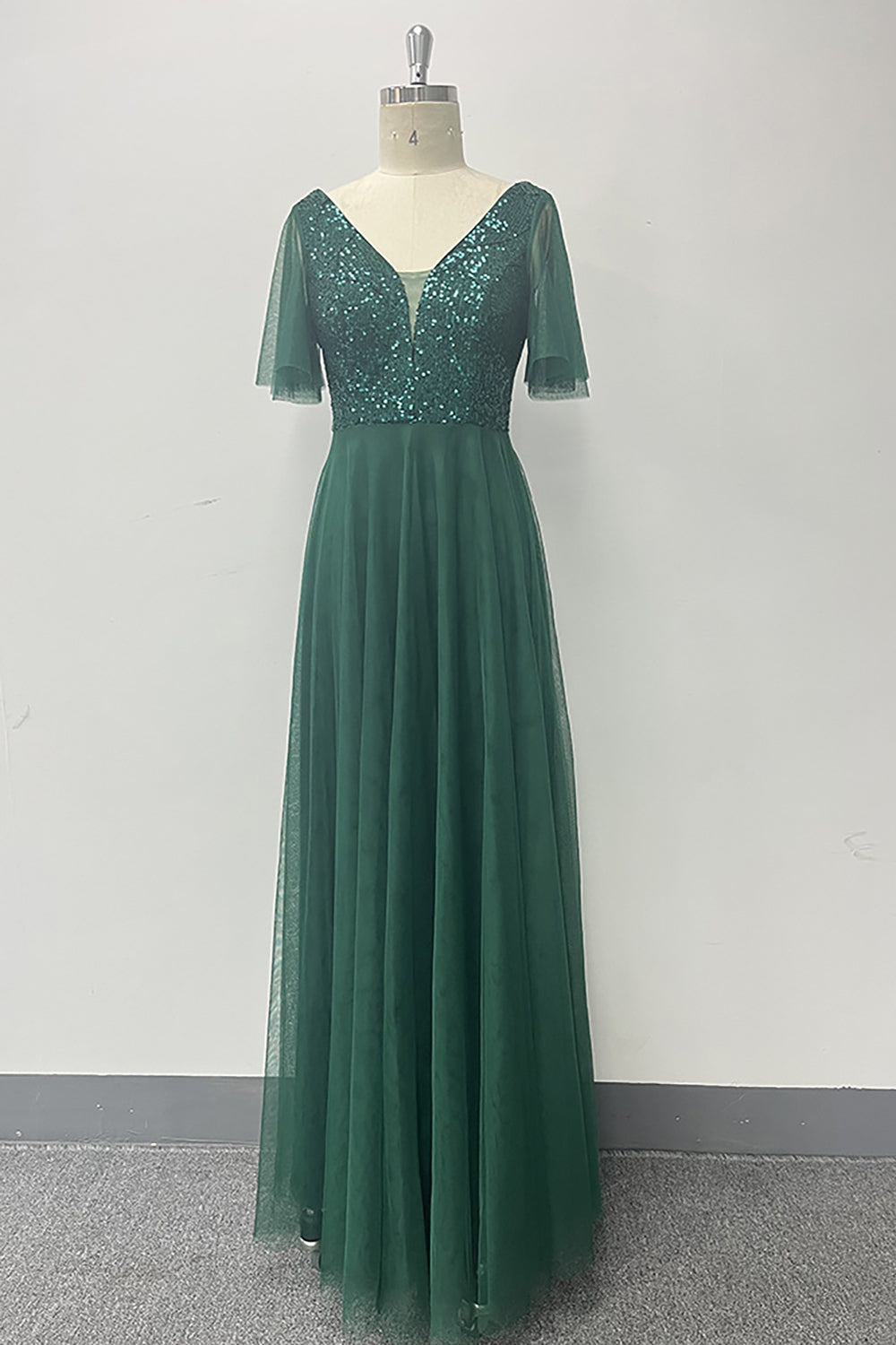 Dark Green A-Line V Neck Tulle Prom Dress with Sequins