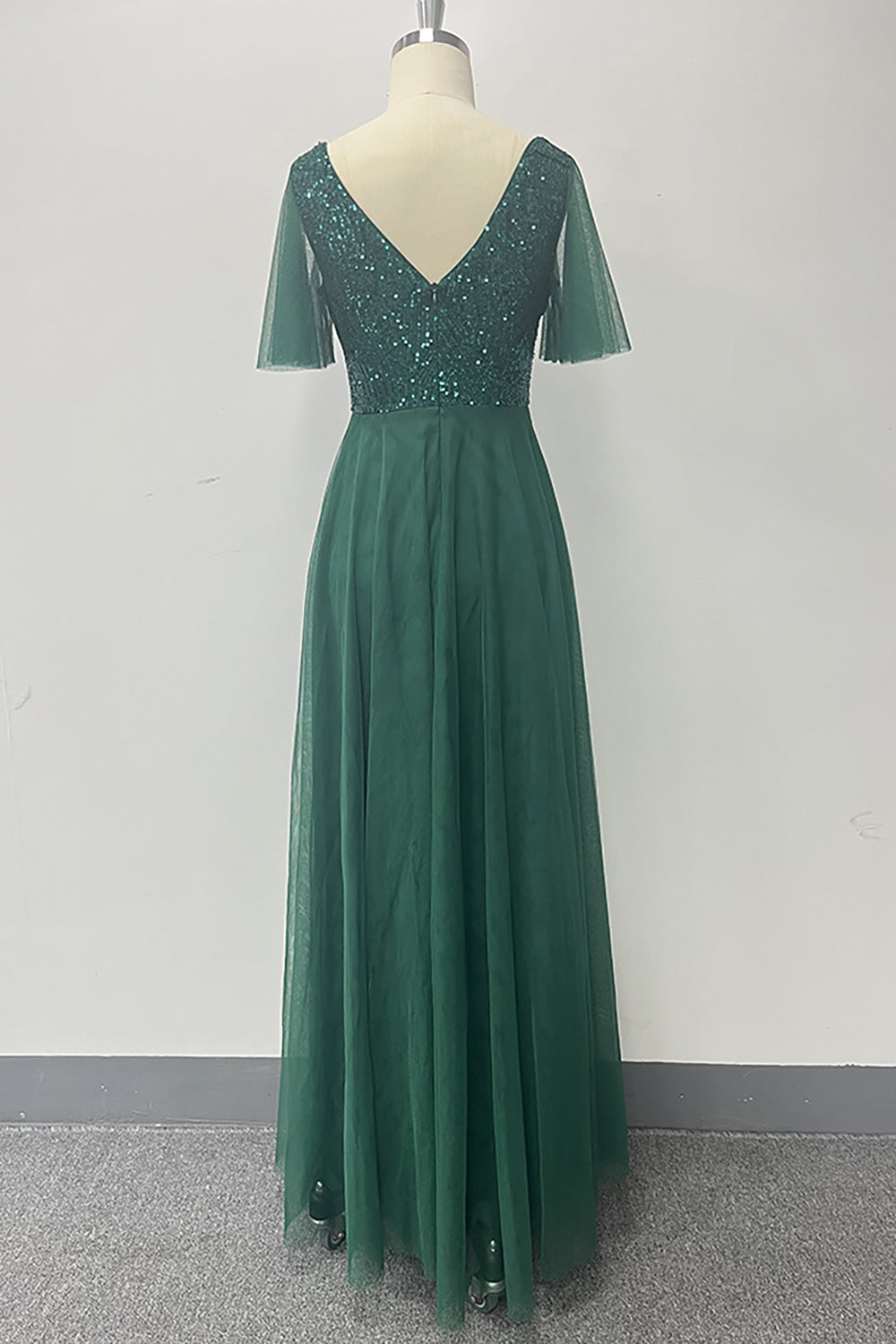 Dark Green A-Line V Neck Tulle Prom Dress with Sequins