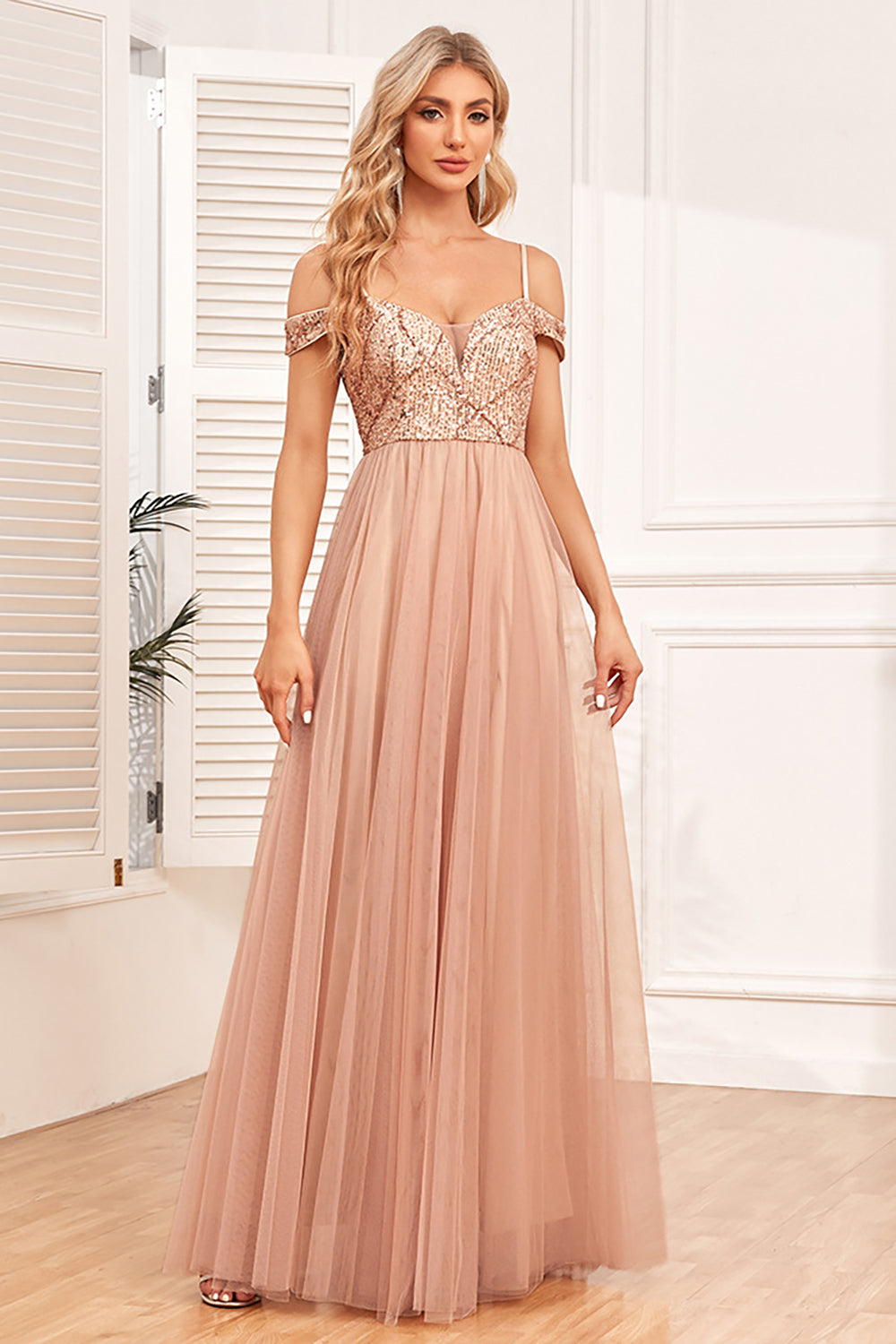 Champagne A-Line Tulle Long Prom Dress with Sequins