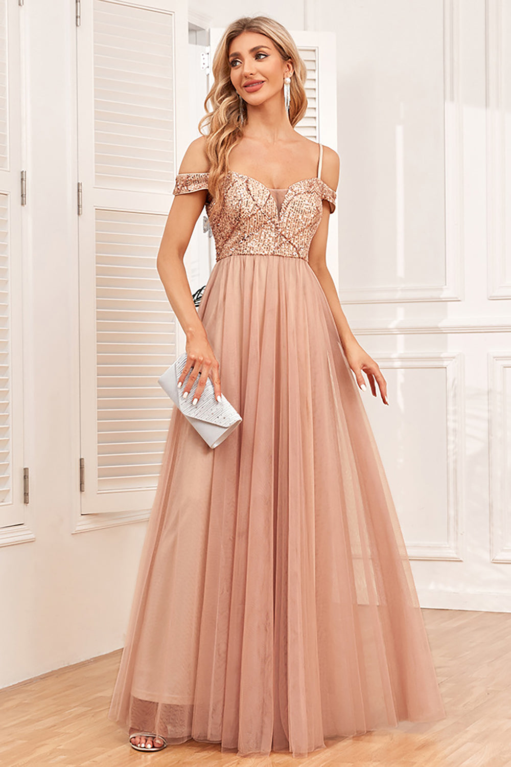 Champagne A-Line Tulle Long Prom Dress with Sequins