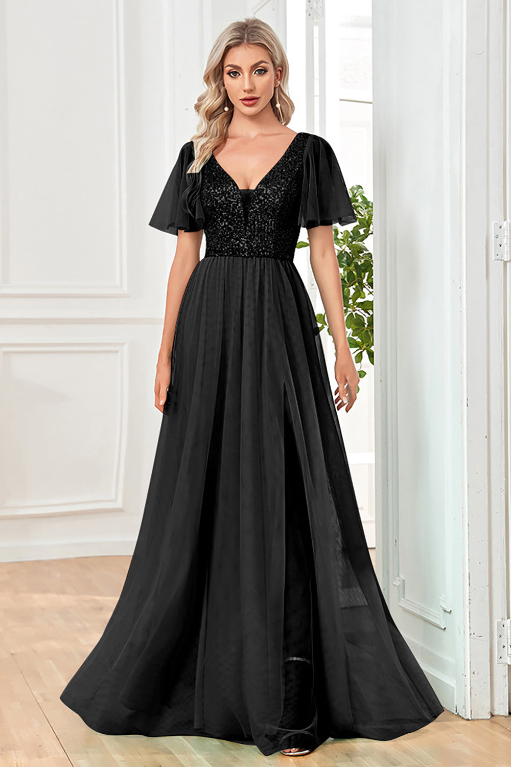 Black A-Line V Neck Long Prom Dress with Sequins