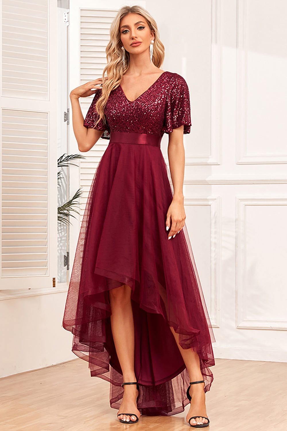 Burgundy A-Line V Neck Short Sleeves High Low Prom Dress