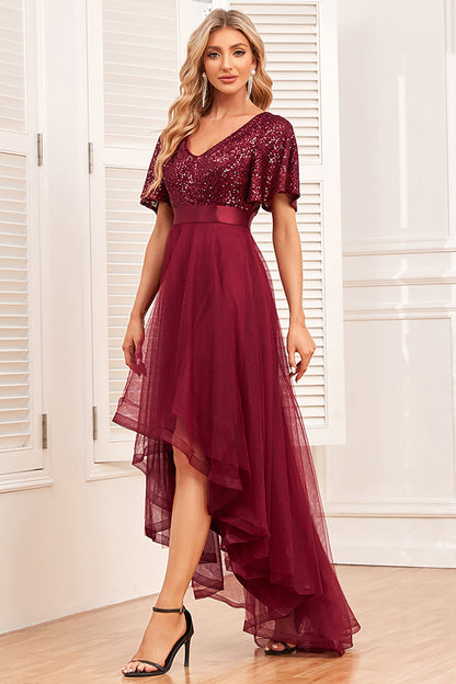 Burgundy A-Line V Neck Short Sleeves High Low Prom Dress