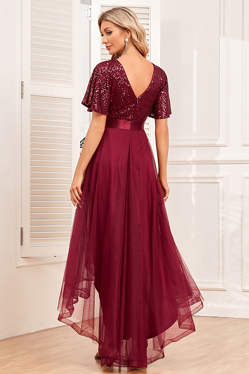 Burgundy A-Line V Neck Short Sleeves High Low Prom Dress