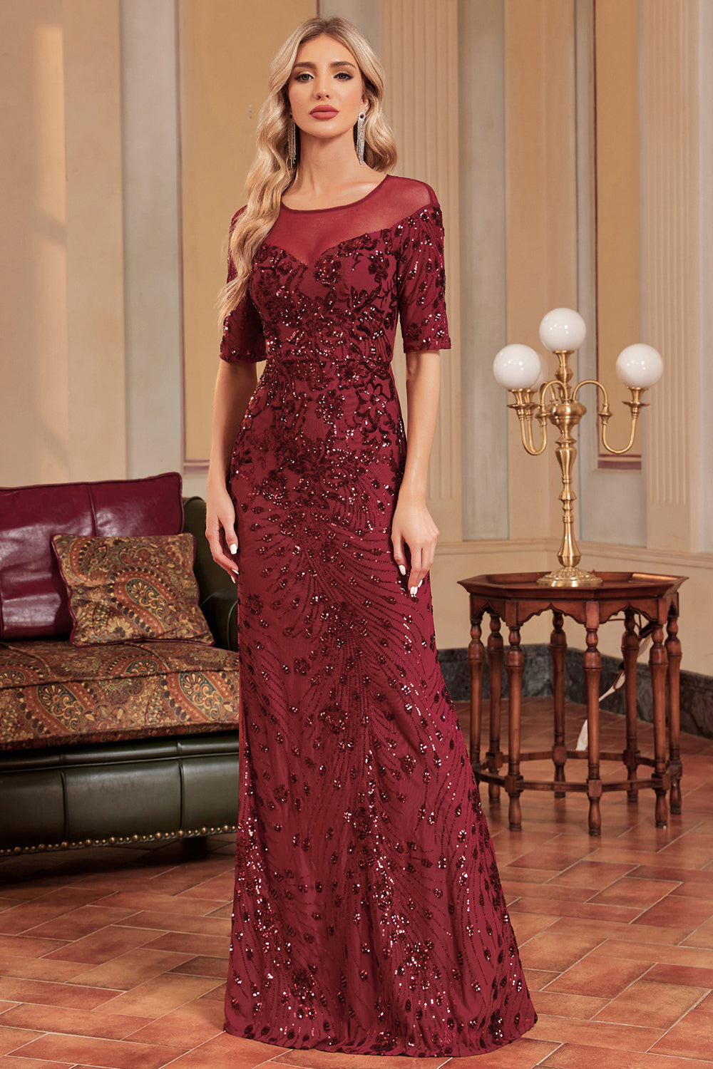 Burgundy Mermaid Round Neck Sequins Long Prom Dress