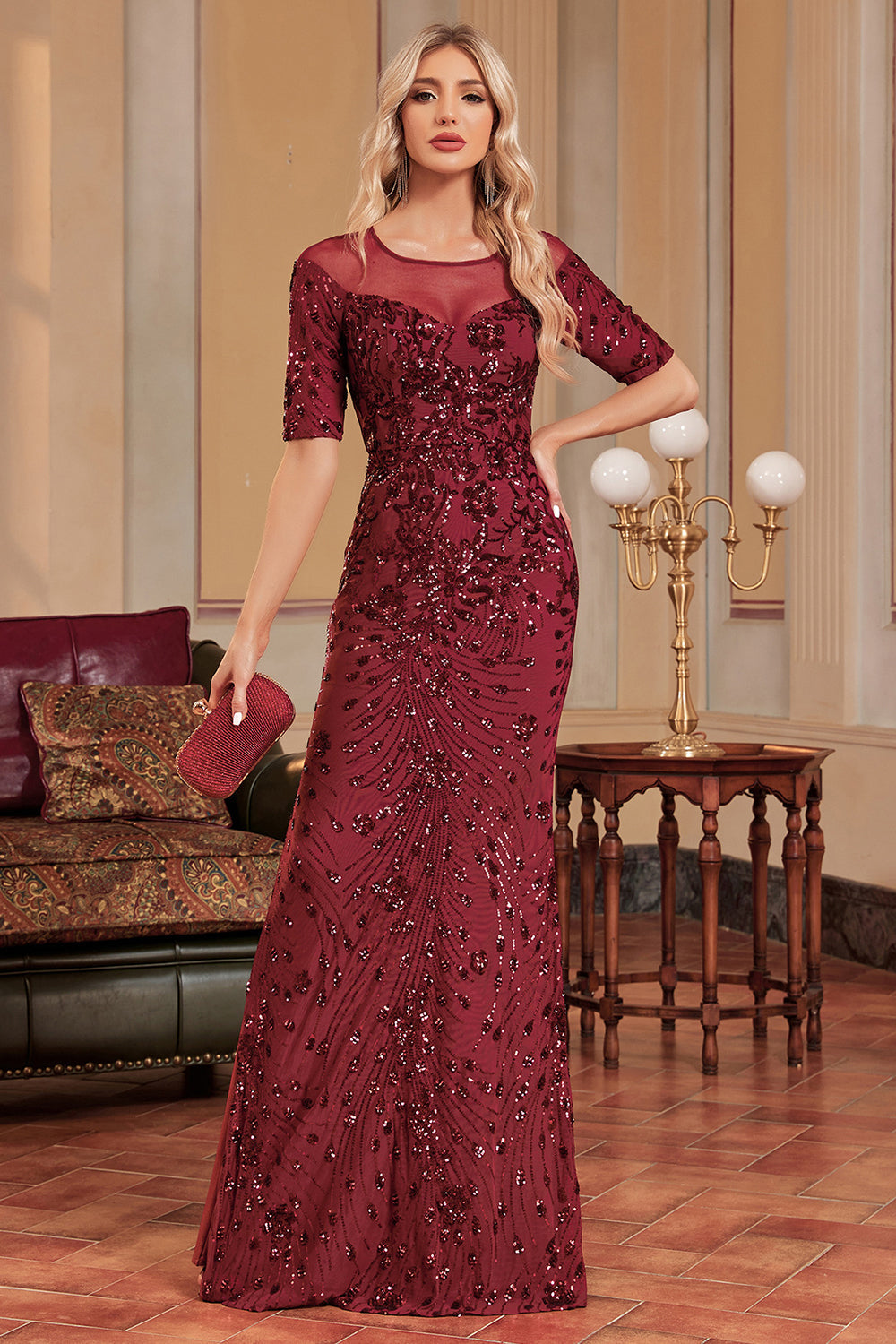 Burgundy Mermaid Round Neck Sequins Long Prom Dress