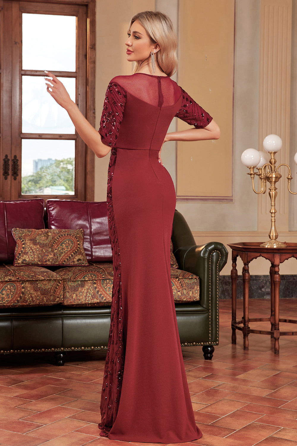 Burgundy Mermaid Round Neck Sequins Long Prom Dress