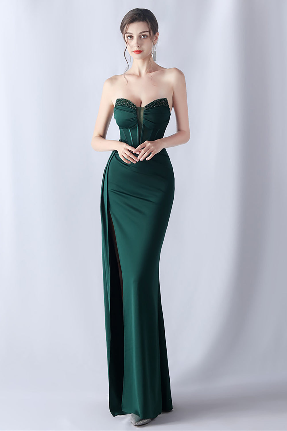 Navy Mermaid Strapless Long Corset Prom Dress with Slit