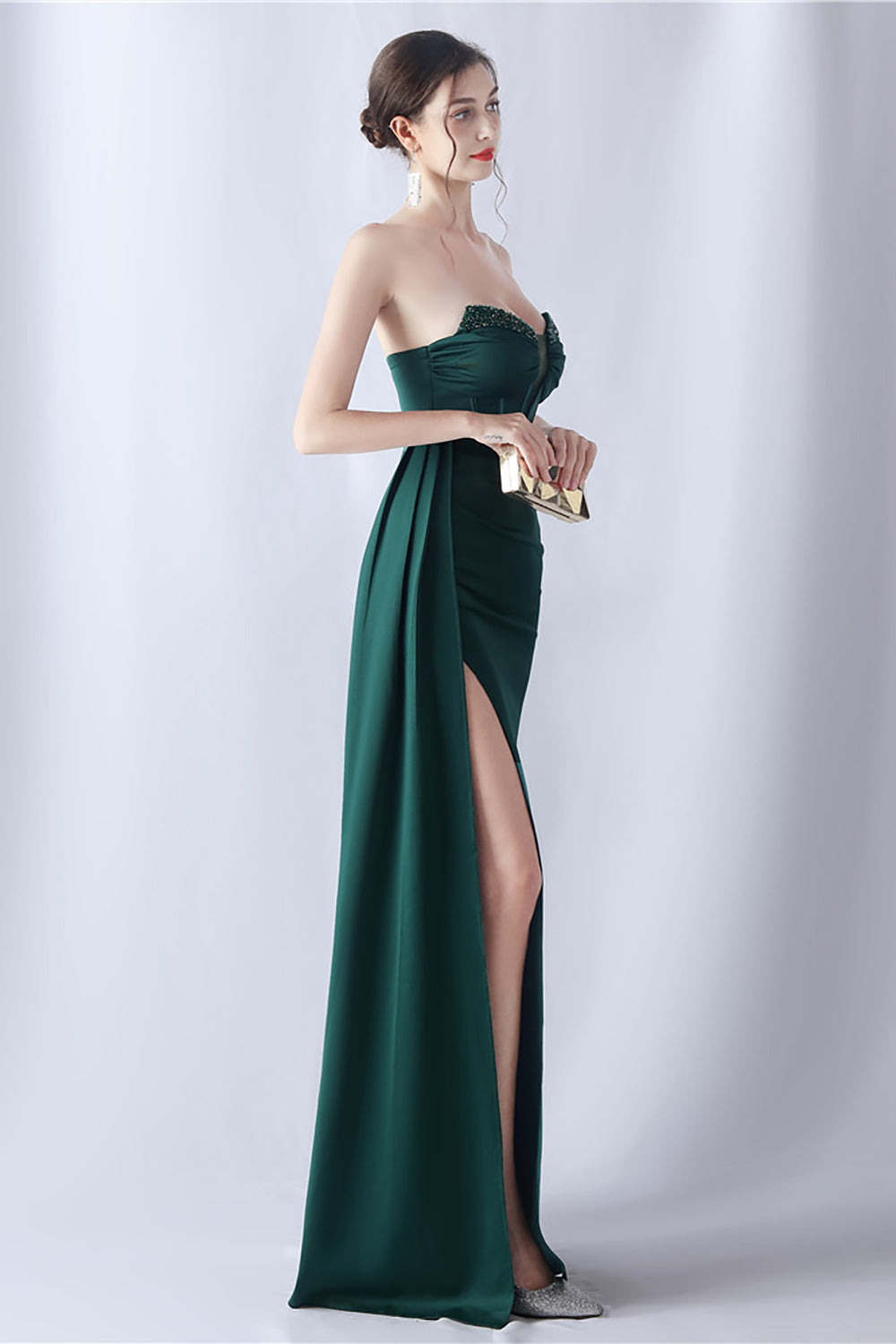 Navy Mermaid Strapless Long Corset Prom Dress with Slit