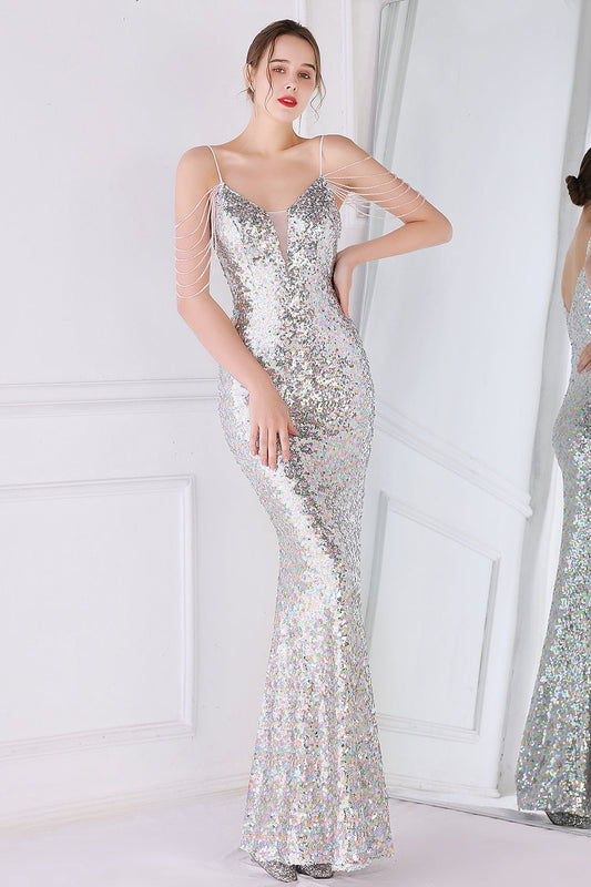 Silver Pink Sequined Spaghetti Straps Mermaid Prom Dress