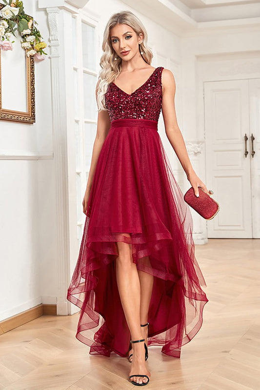 High Low Burgundy Sparkly Sequin V-Neck Prom Dress