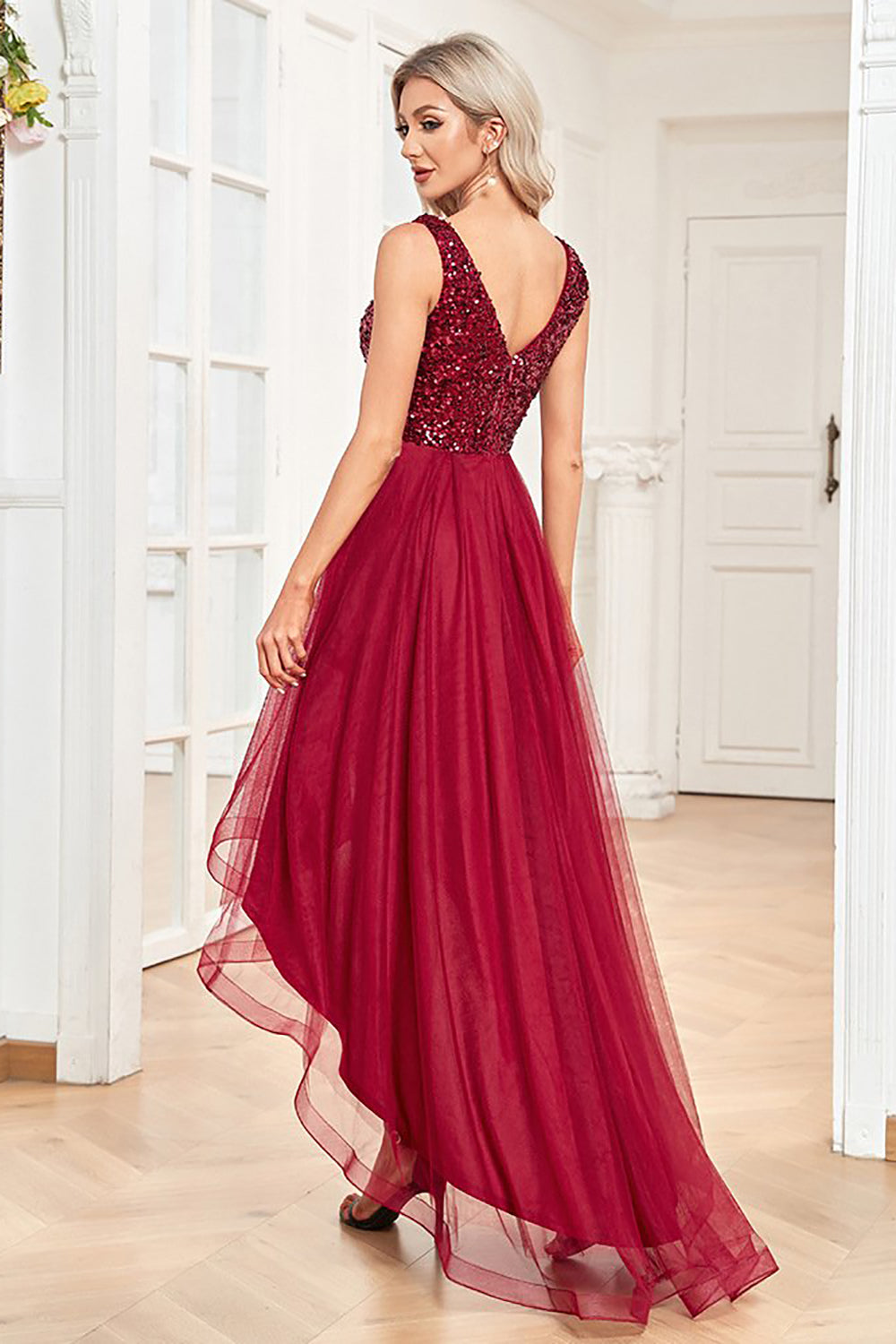 High Low Burgundy Sparkly Sequin V-Neck Prom Dress