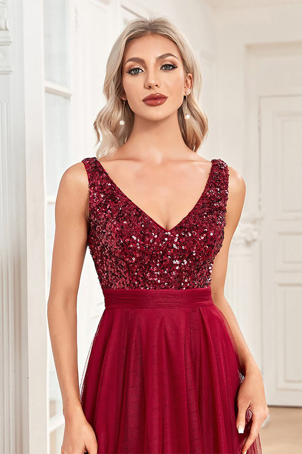 High Low Burgundy Sparkly Sequin V-Neck Prom Dress