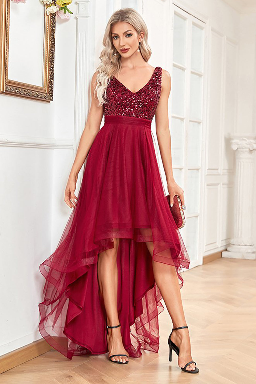 High Low Burgundy Sparkly Sequin V-Neck Prom Dress