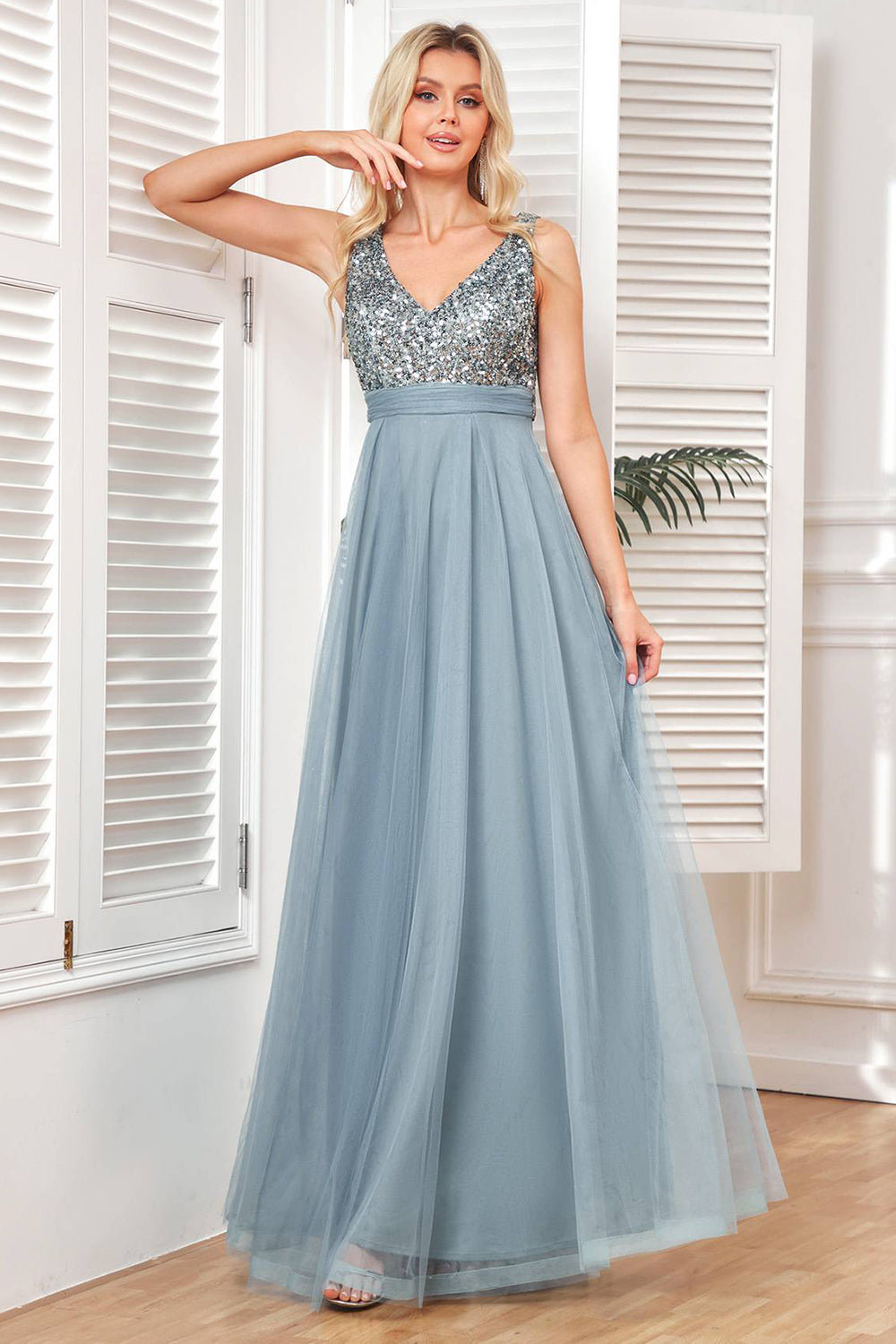 Grey Blue A Line Tulle Fromal Dress with Sequins