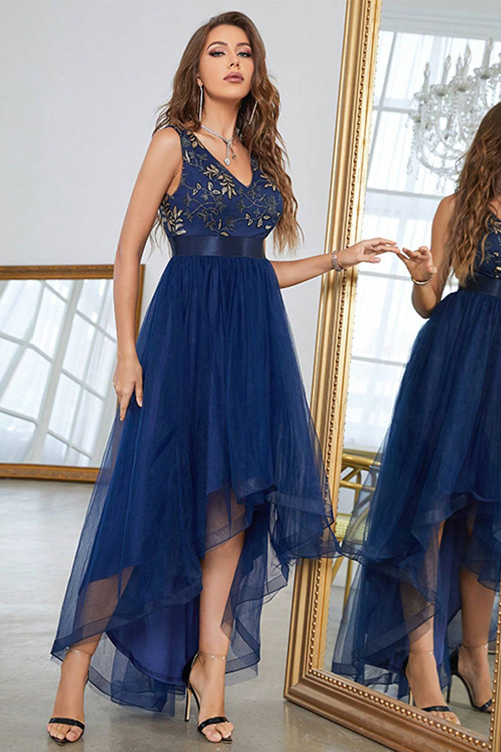 Dark Blue Asymmetrical A-Line V-Neck Prom Dress With Sleeveless