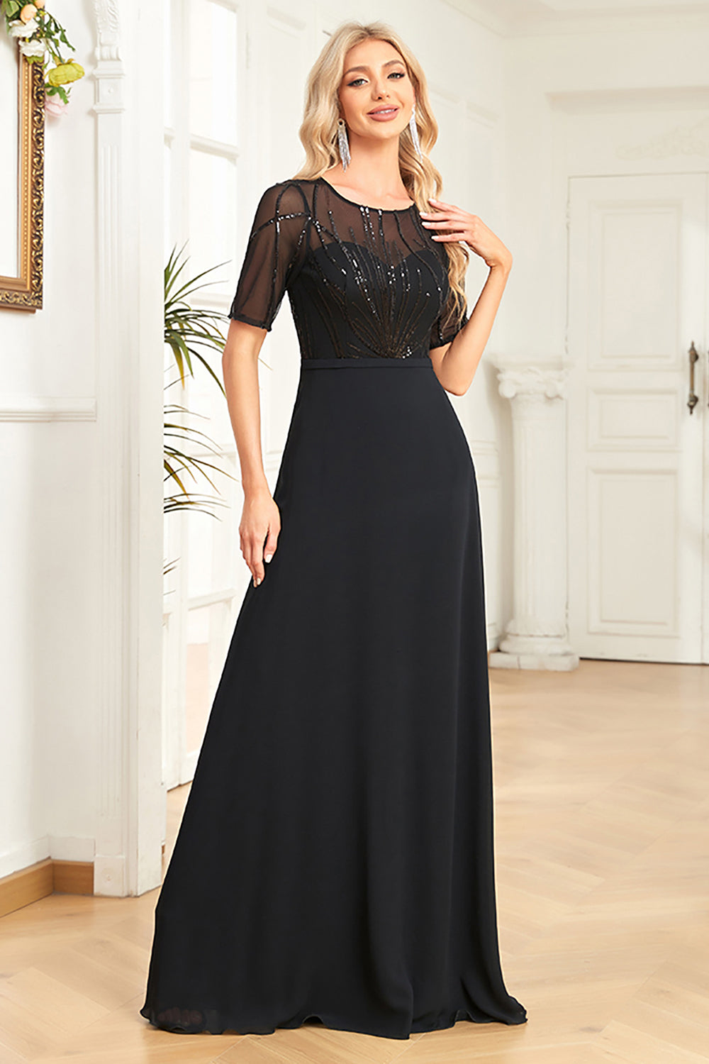 Sparkly Black Formal Dress with Short Sleeves