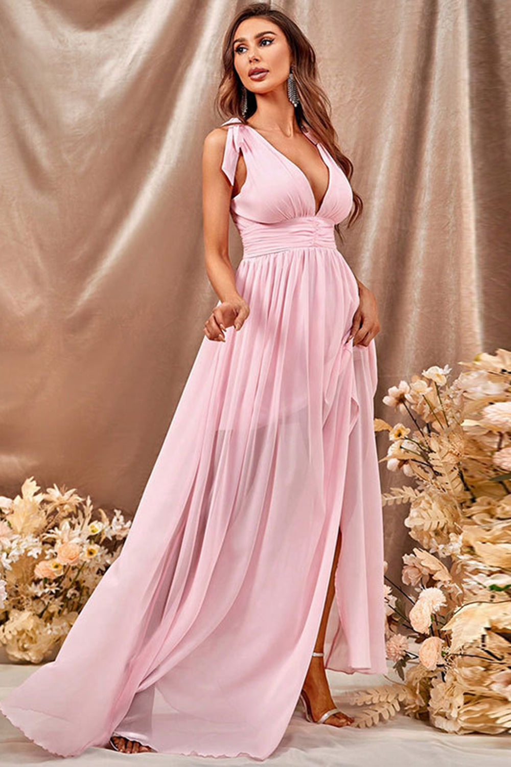 A-Line Pink Prom Dress with Slit