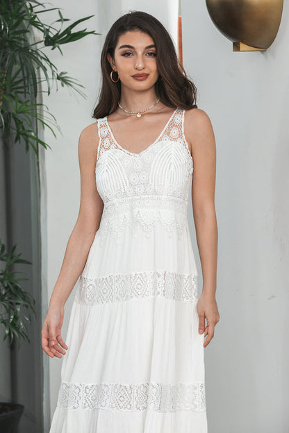 Simple Tea-length Lace White Sleeveless Boho Beach Graduation Dress