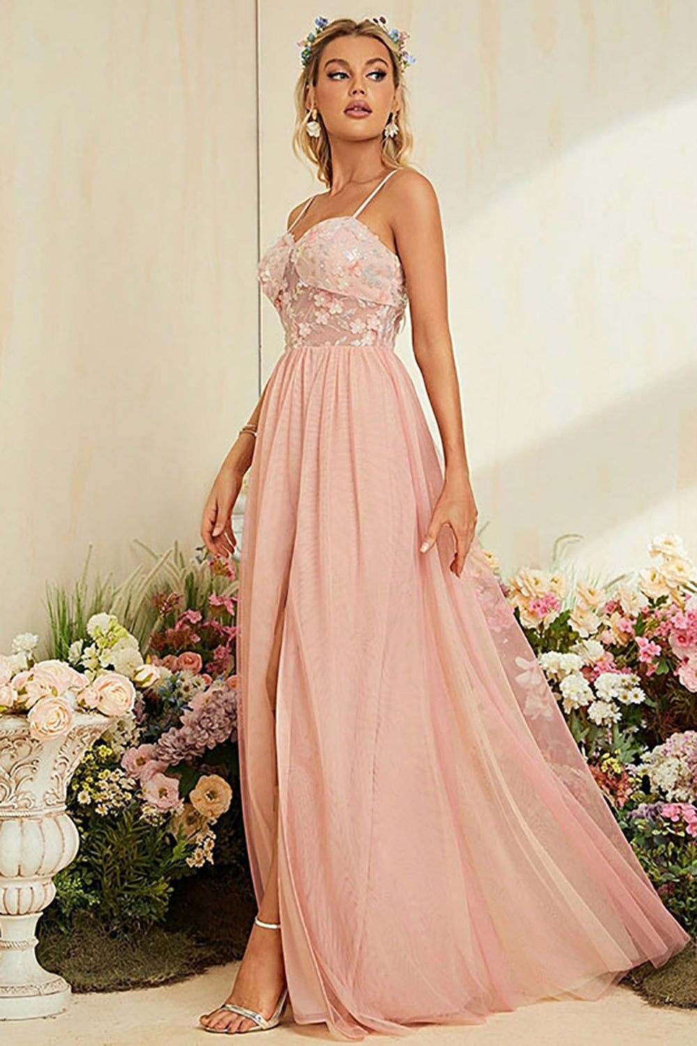 A-Line Spaghetti Straps Blush Prom Dress with Slit