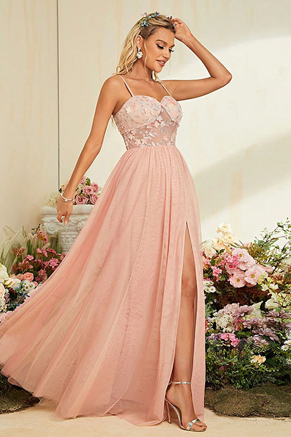 A-Line Spaghetti Straps Blush Prom Dress with Slit