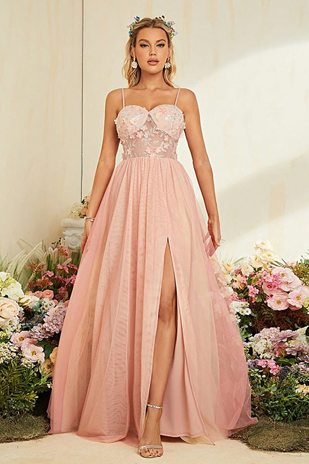 A-Line Spaghetti Straps Blush Prom Dress with Slit