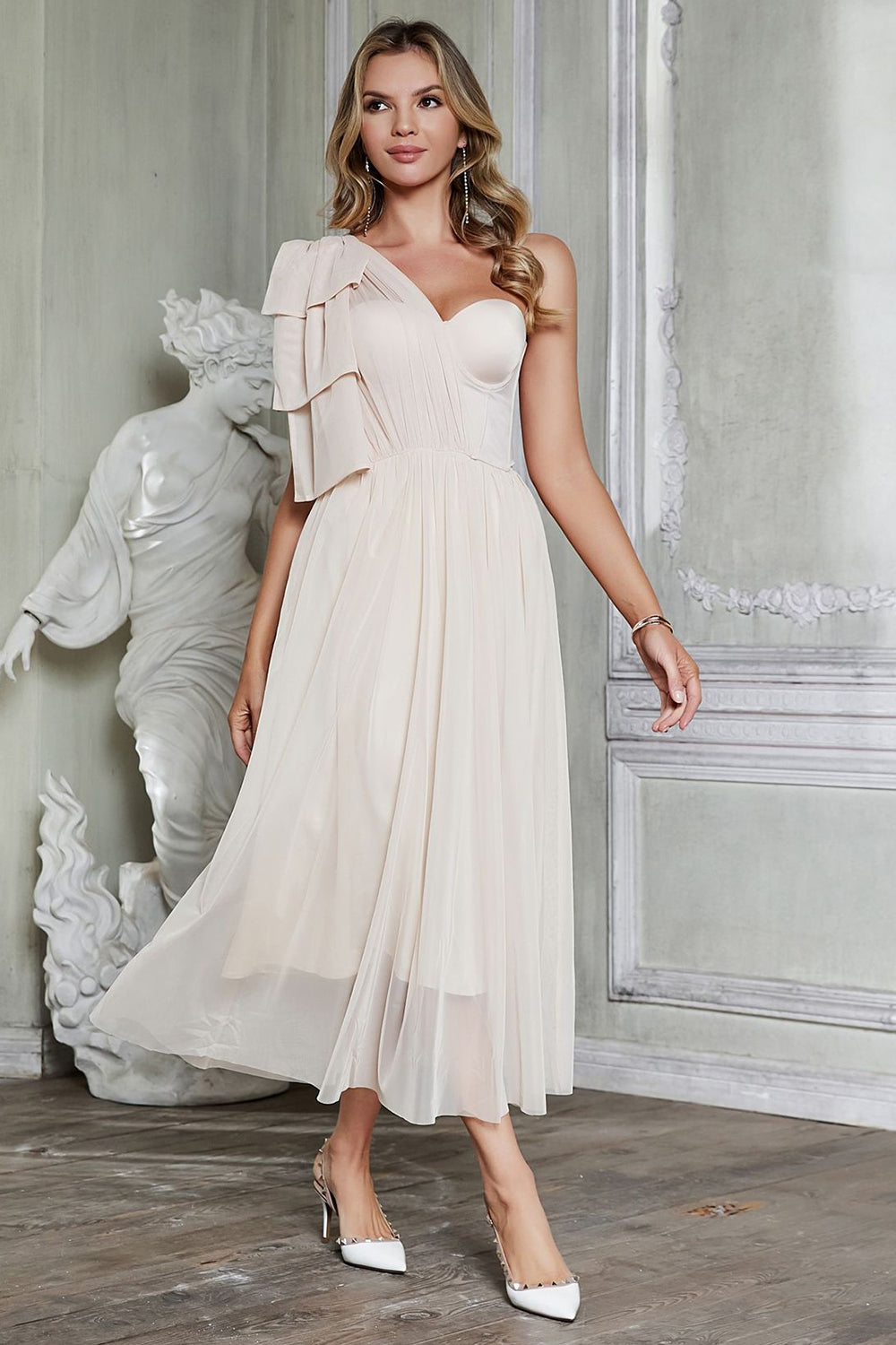 Elegant Apricot A-Line One Shoulder Corset Party Dress