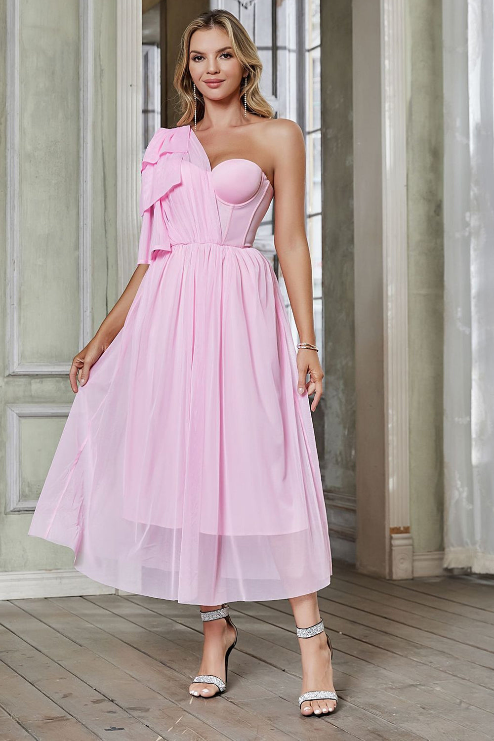 Elegant Apricot A-Line One Shoulder Corset Party Dress