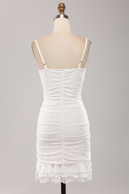 Cute Spaghetti Straps Bodycon Pleated Lace Short White Graduation Dress