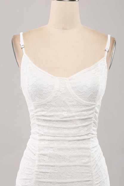 Cute Spaghetti Straps Bodycon Pleated Lace Short White Graduation Dress