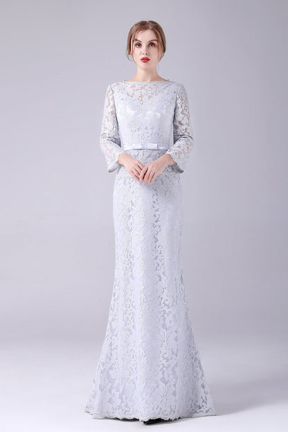 Silver Lace Sheath Long Sleeves Floor Length Mother of the Bride Dress